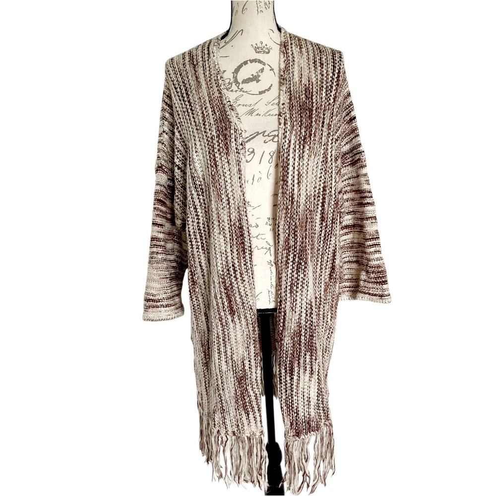 POL Oversized Long Chunky open cardigan M duster fringe Boho‎ Neutral sweater